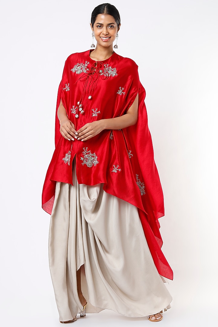 Cadmium Red Embroidered Cape Set by Jayanti Reddy at Pernia's Pop Up Shop