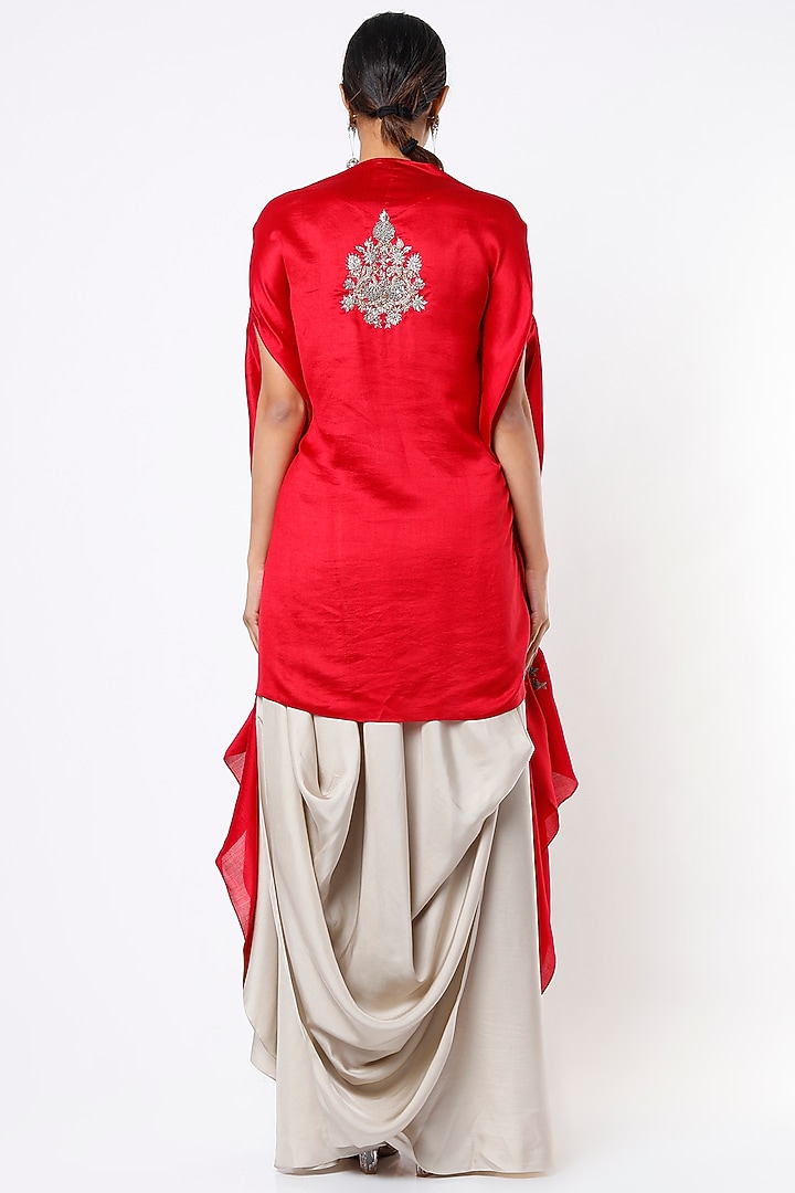 Cadmium Red Embroidered Cape Set by Jayanti Reddy at Pernia's Pop Up Shop