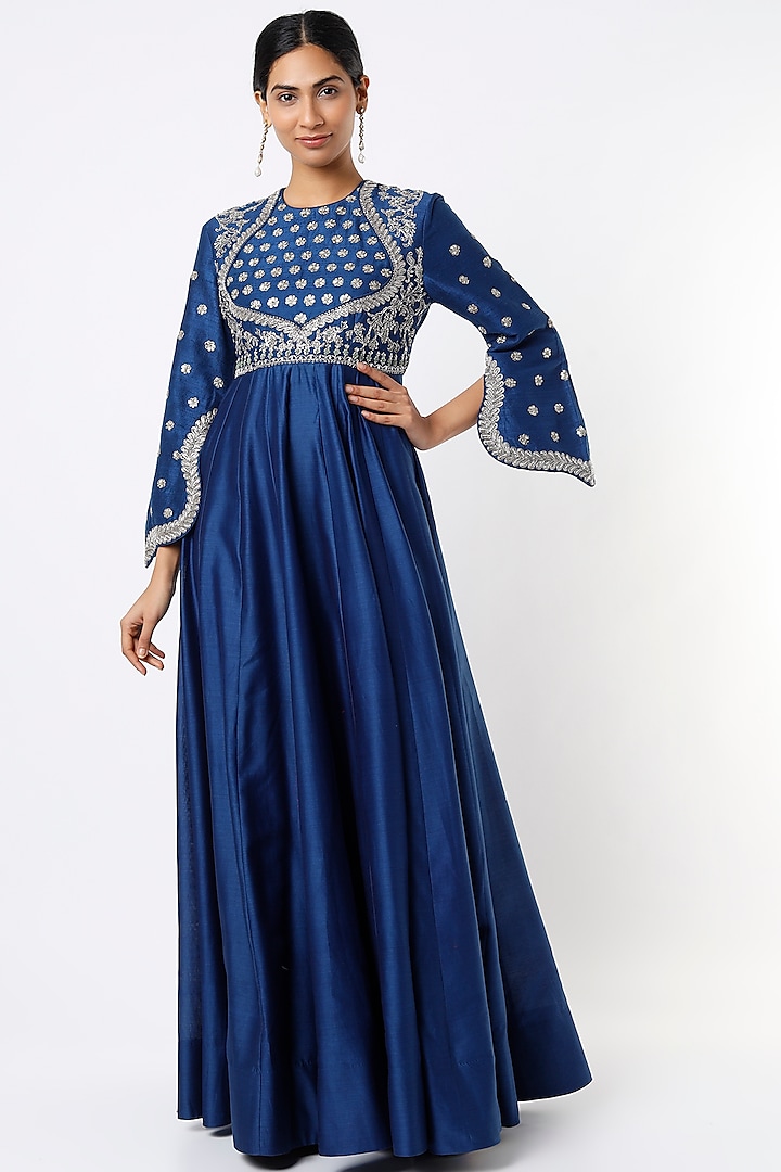 Cobalt Blue Embroidered Anarkali by Jayanti Reddy at Pernia's Pop Up Shop