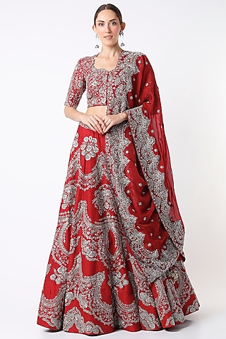 Fiery Red Raw Silk Embroidered Lehenga Set by Jayanti Reddy
