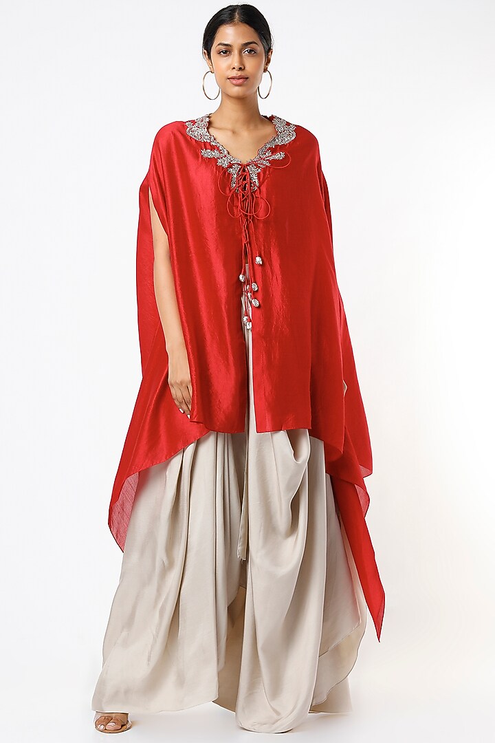 Cadmium Red Zardosi Embroidered Cape Set by Jayanti Reddy at Pernia's Pop Up Shop
