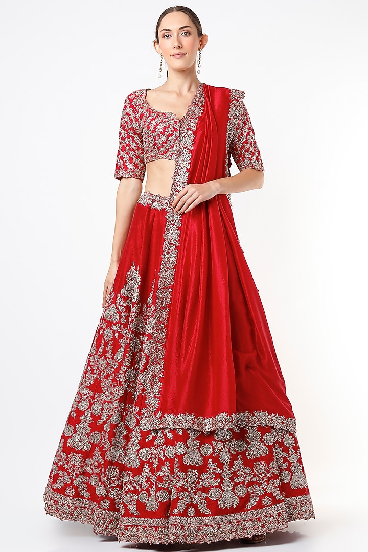 Cadmium Red Raw Silk Embroidered Bridal Lehenga Set by Jayanti Reddy at Pernia's Pop Up Shop