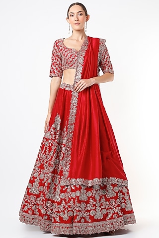 Cadmium Red Raw Silk Embroidered Lehenga Set by Jayanti Reddy