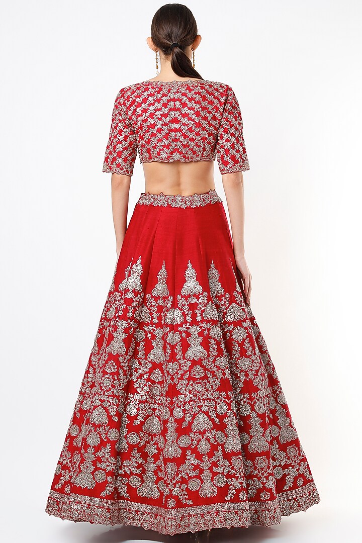 Cadmium Red Raw Silk Embroidered Bridal Lehenga Set by Jayanti Reddy at Pernia's Pop Up Shop