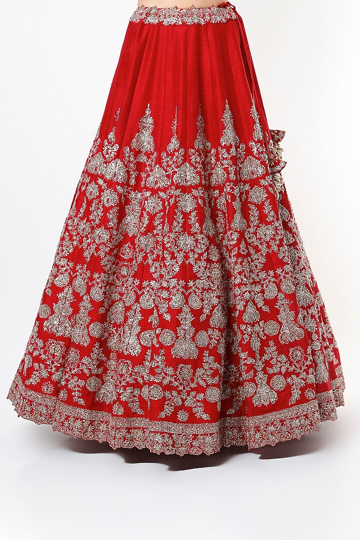 Cadmium Red Raw Silk Embroidered Bridal Lehenga Set by Jayanti Reddy at Pernia's Pop Up Shop