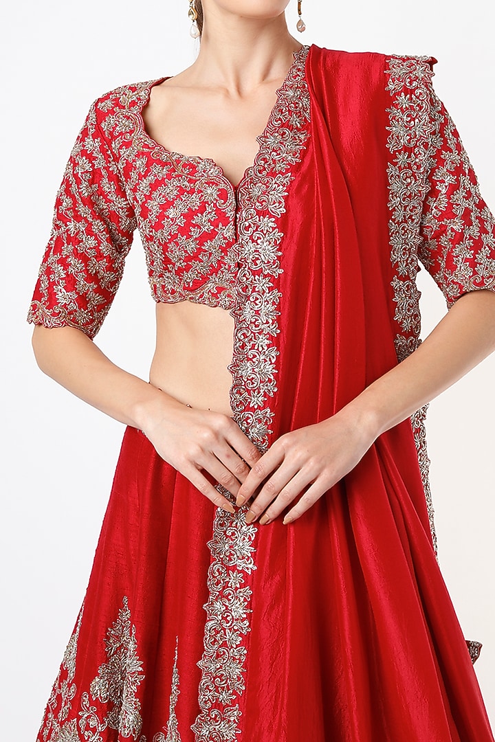 Cadmium Red Raw Silk Embroidered Bridal Lehenga Set by Jayanti Reddy at Pernia's Pop Up Shop