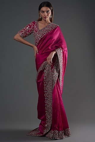 Pink Silk Zardosi Embroidered Saree Set by Jayanti Reddy