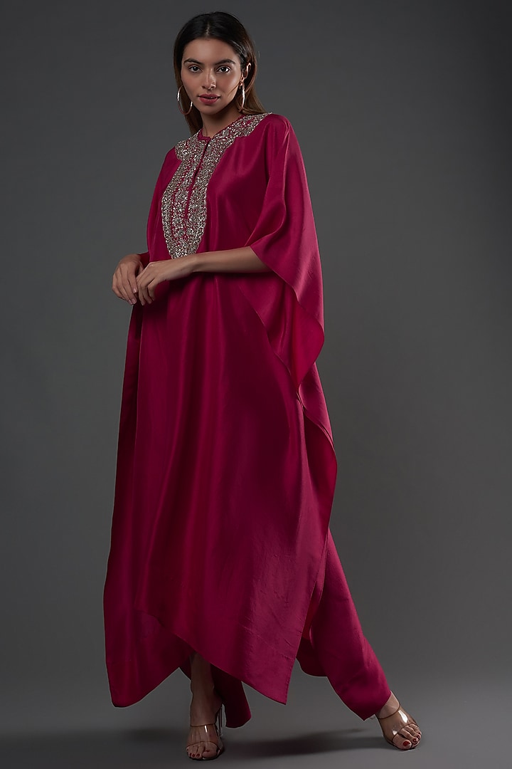 Rani Pink Silk Embroidered Kaftan by Jayanti Reddy at Pernia's Pop Up Shop