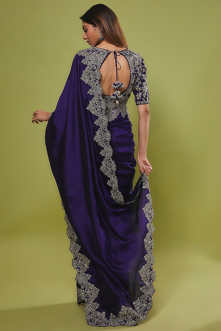 Purple Silk Embroidered Bridal Saree Set by Jayanti Reddy at Pernia's Pop Up Shop