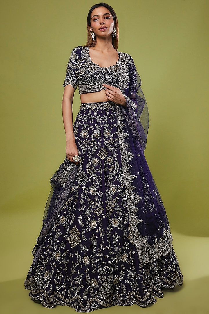 Purple Silk Embroidered Lehenga Set by Jayanti Reddy