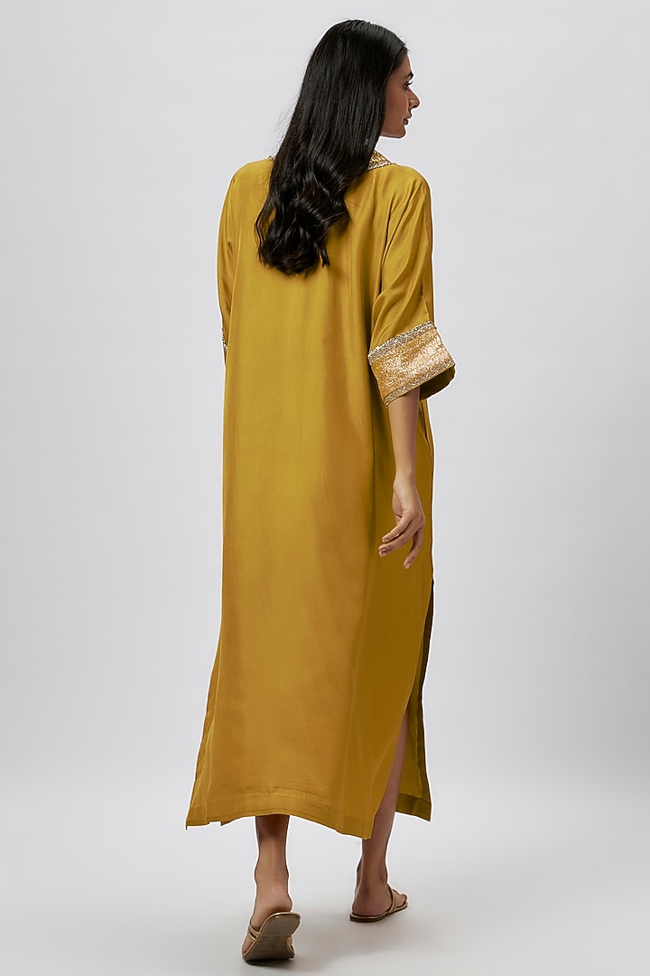 Mustard Silk Zari Embroidered Kaftan by Jayanti Reddy at Pernia's Pop Up Shop