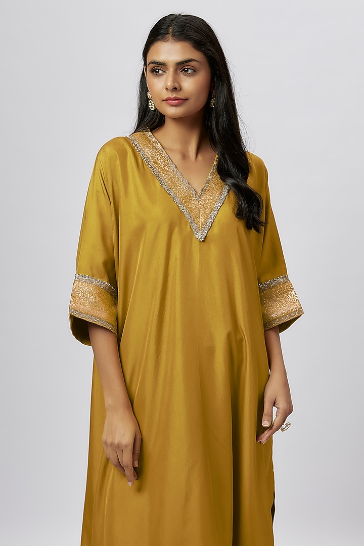 Mustard Silk Zari Embroidered Kaftan by Jayanti Reddy at Pernia's Pop Up Shop