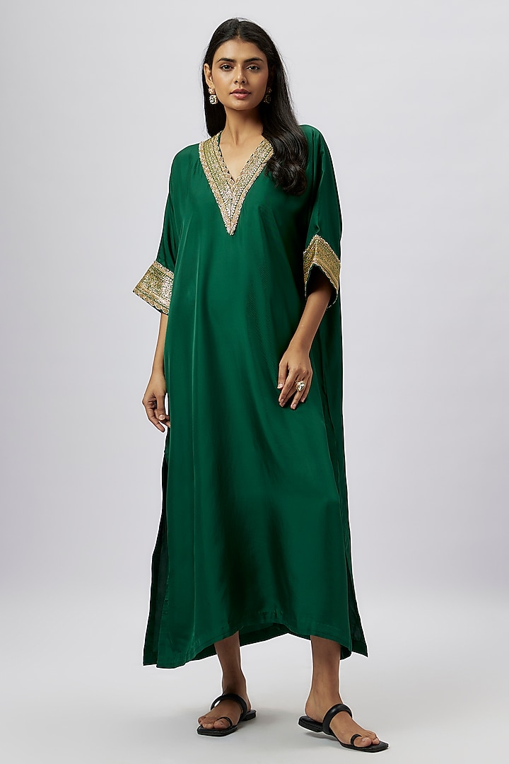 Emerald Green Silk Zari Embroidered Kaftan by Jayanti Reddy