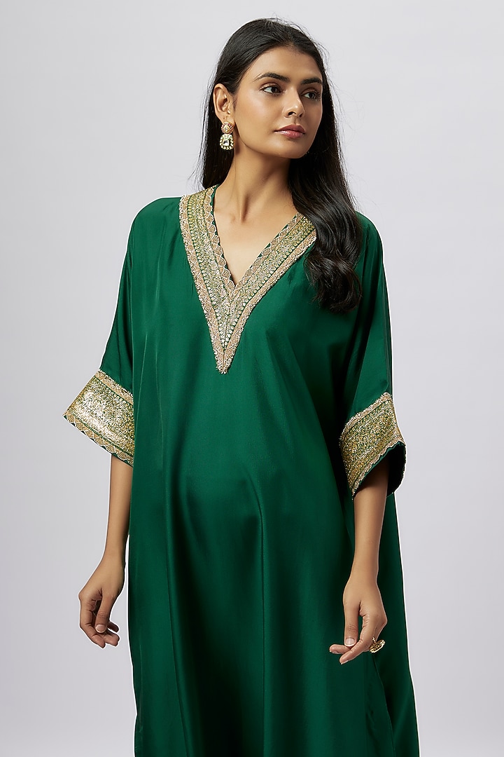 Emerald Green Silk Zari Embroidered Kaftan by Jayanti Reddy at Pernia's Pop Up Shop