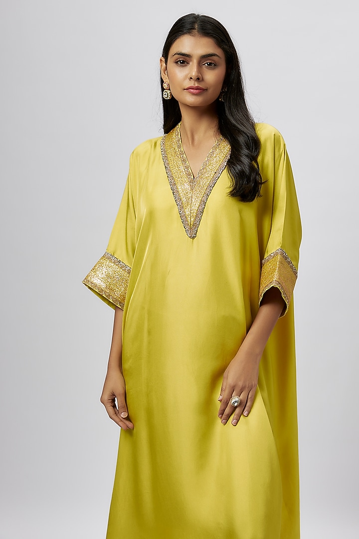 Lime Green Silk Zari Embroidered Kaftan by Jayanti Reddy at Pernia's Pop Up Shop