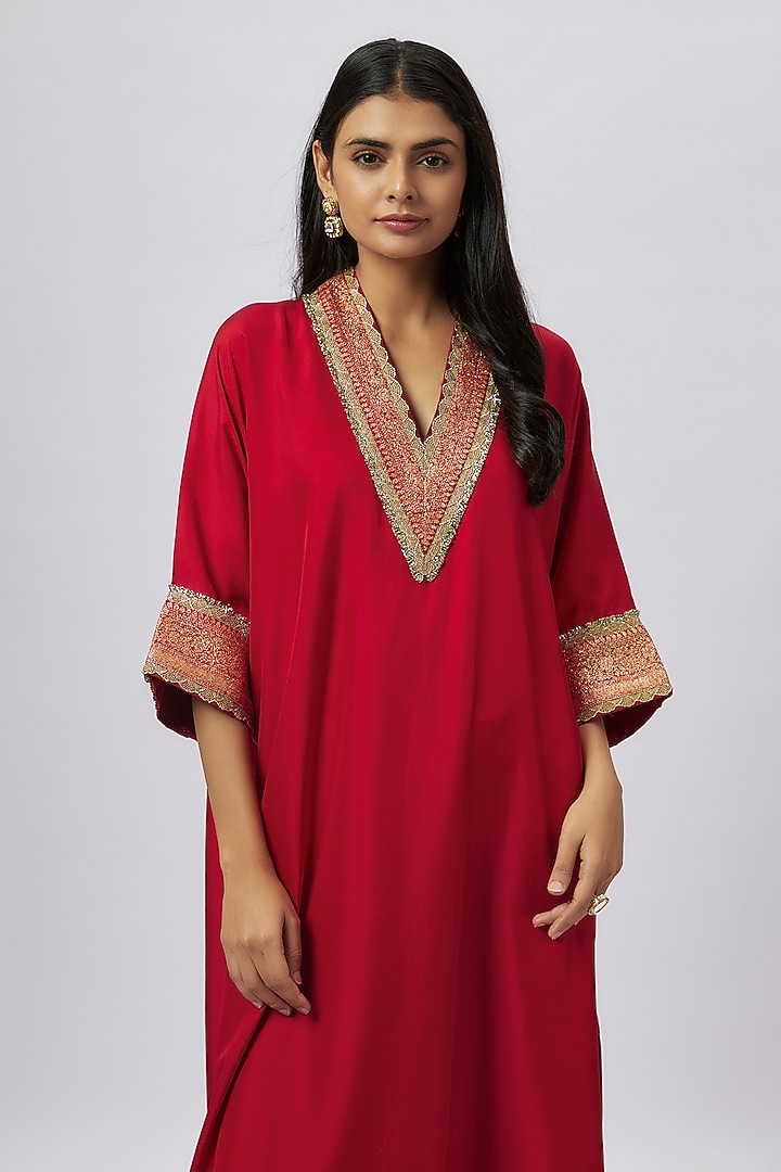Red Silk Zari Embroidered Kaftan by Jayanti Reddy at Pernia's Pop Up Shop