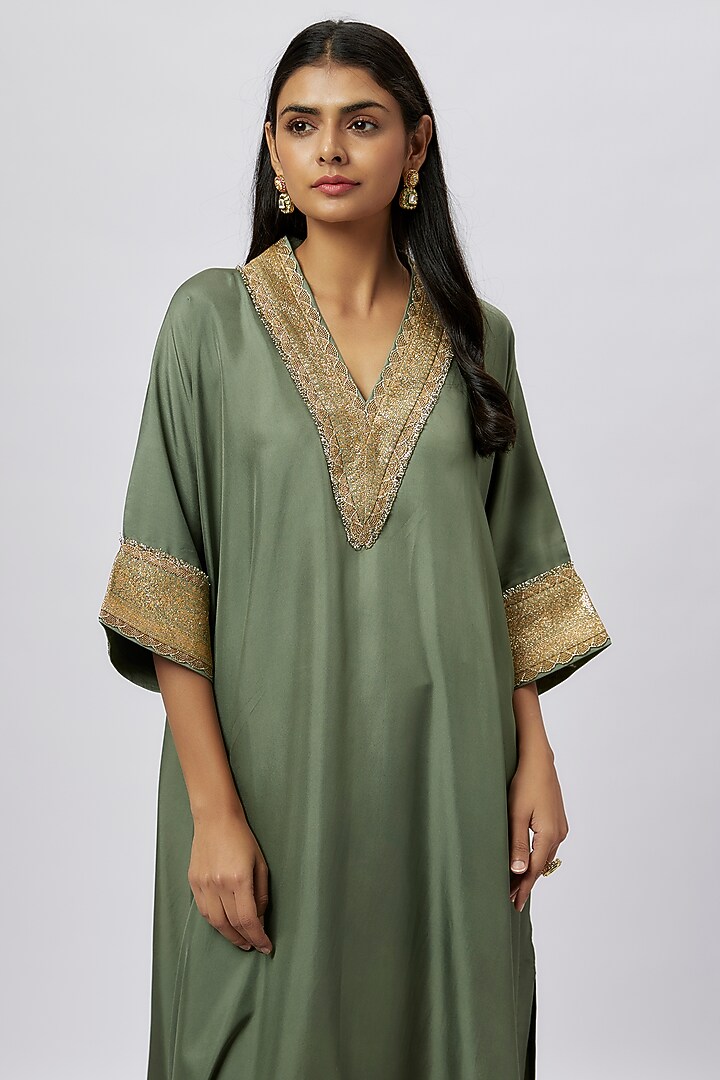 Mint Green Silk Zari Embroidered Kaftan by Jayanti Reddy at Pernia's Pop Up Shop