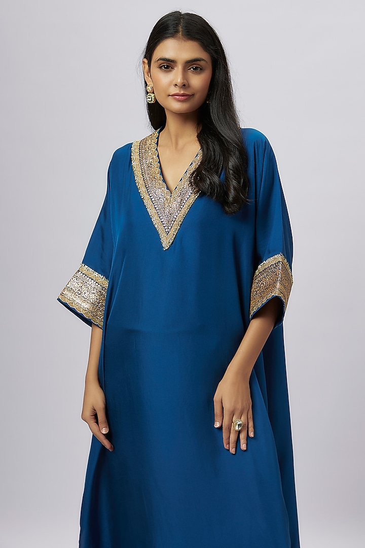 Navy Blue Silk Zari Embroidered Kaftan by Jayanti Reddy at Pernia's Pop Up Shop