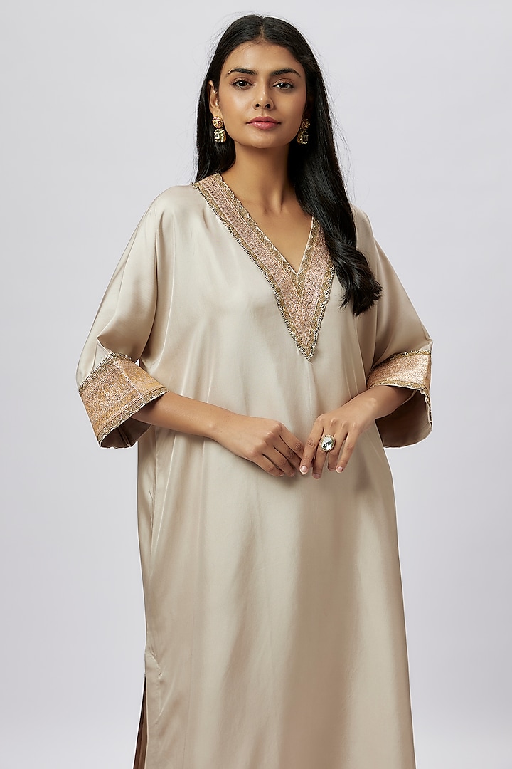 Ivory Silk Zari Embroidered Kaftan by Jayanti Reddy at Pernia's Pop Up Shop