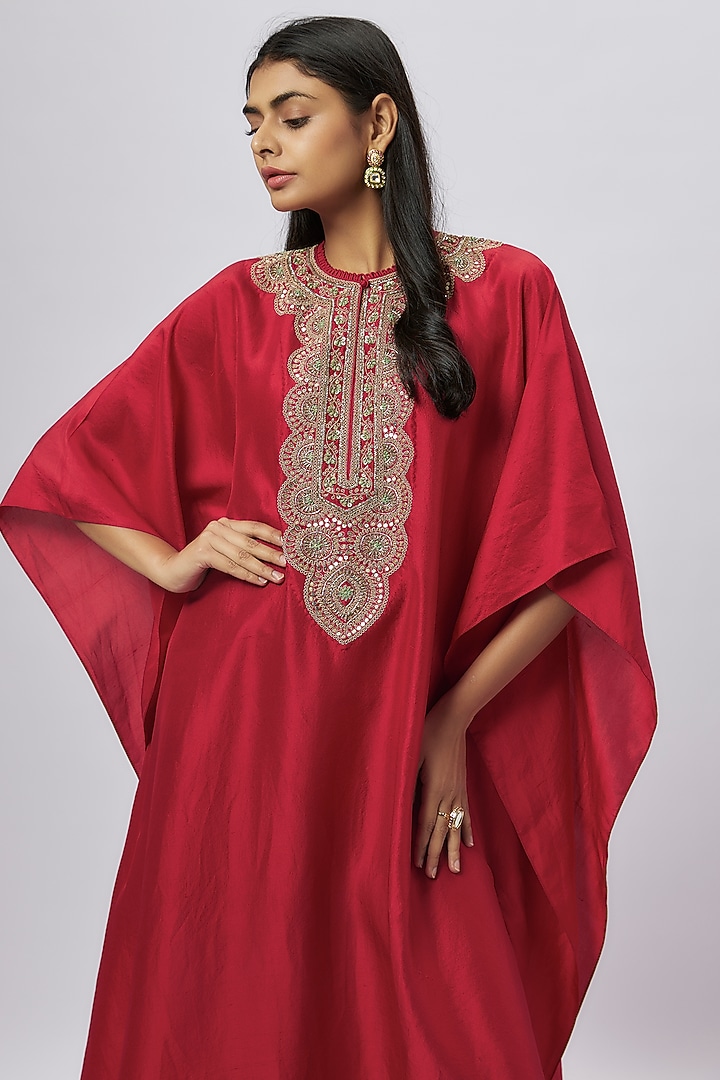 Red Silk Zari Embroidered Kaftan by Jayanti Reddy at Pernia's Pop Up Shop