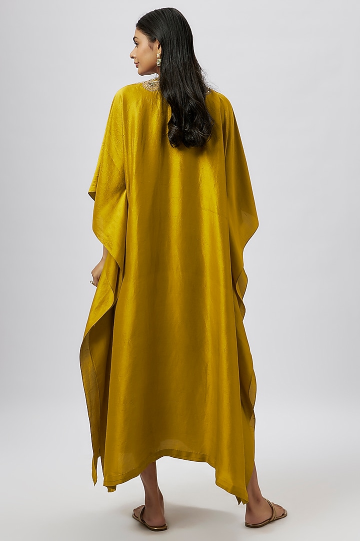 Mustard Silk Zari Embroidered Kaftan by Jayanti Reddy at Pernia's Pop Up Shop