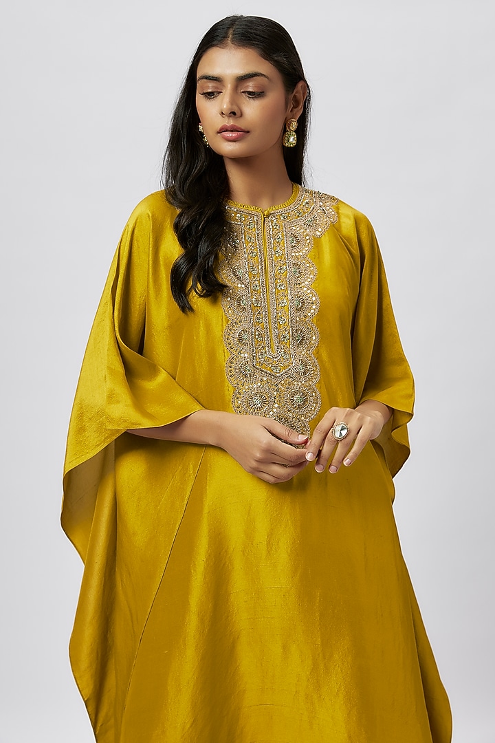 Mustard Silk Zari Embroidered Kaftan by Jayanti Reddy at Pernia's Pop Up Shop