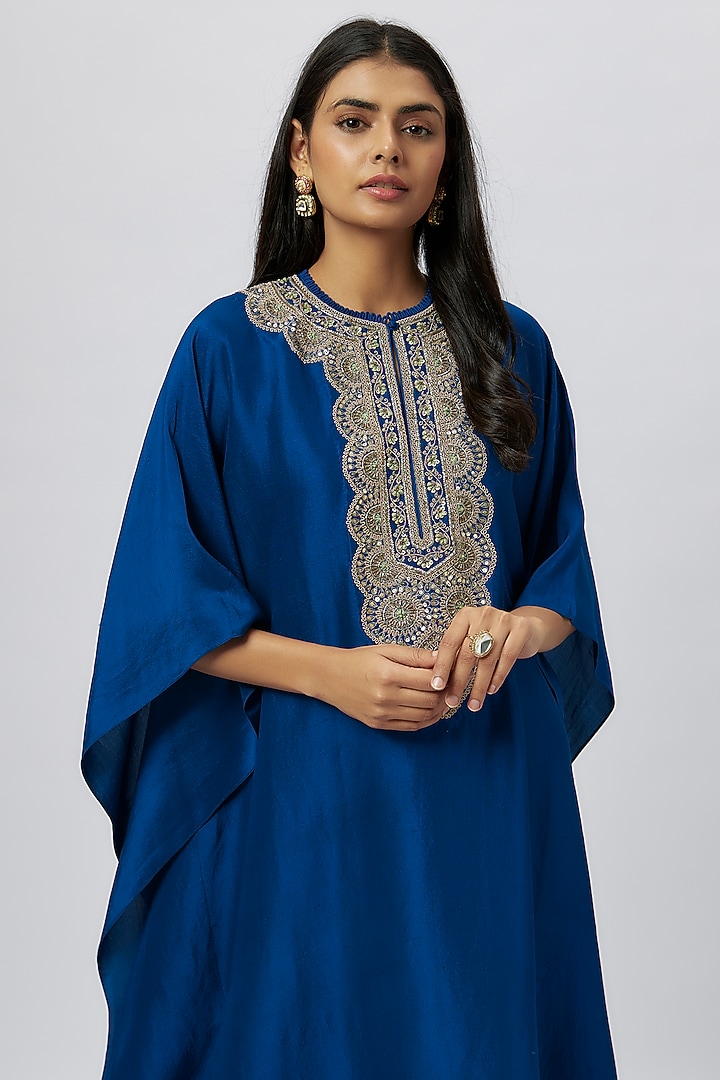 Navy Blue Silk Zari Embroidered Kaftan by Jayanti Reddy at Pernia's Pop Up Shop