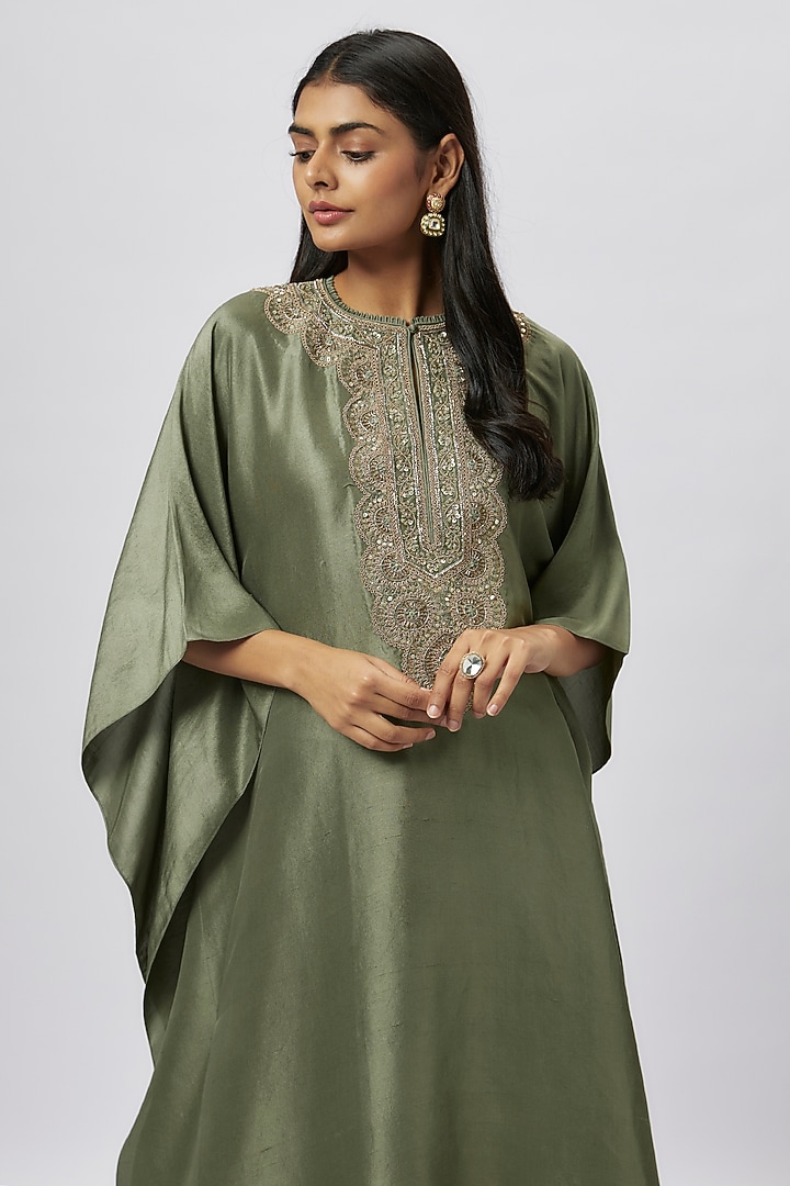 Mint Green Silk Zari Embroidered Kaftan by Jayanti Reddy at Pernia's Pop Up Shop