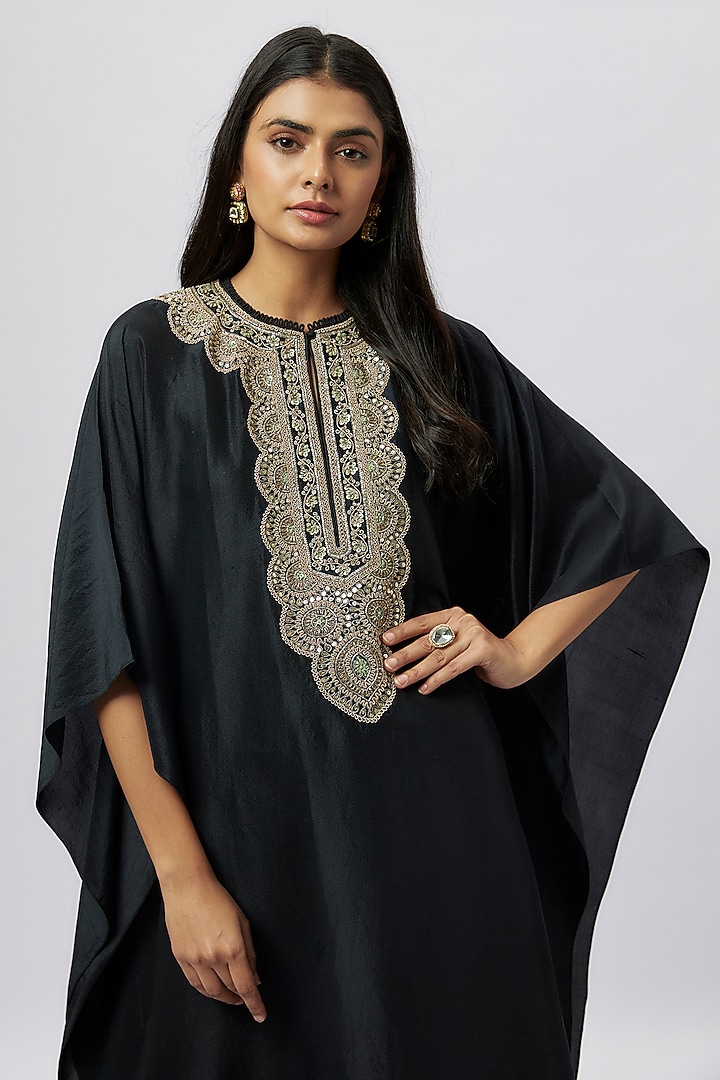Black Silk Zari Embroidered Kaftan by Jayanti Reddy at Pernia's Pop Up Shop