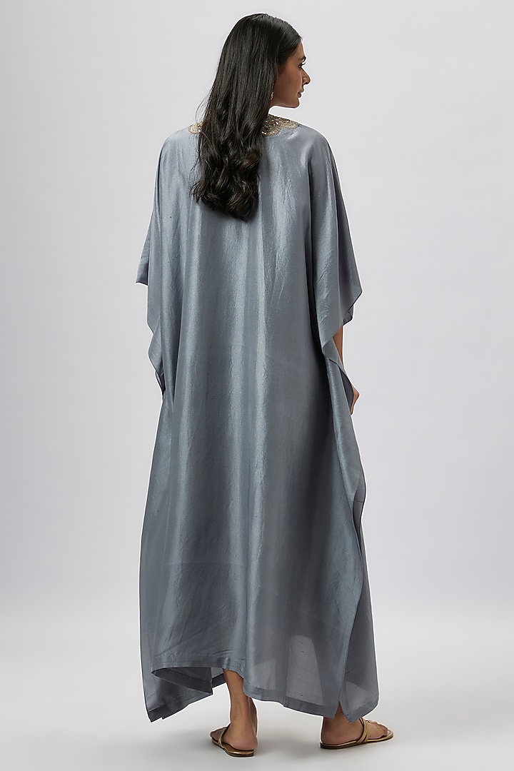 Teal Blue Silk Zari Embroidered Kaftan by Jayanti Reddy at Pernia's Pop Up Shop