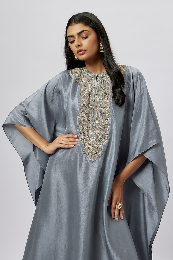 Teal Blue Silk Zari Embroidered Kaftan by Jayanti Reddy at Pernia's Pop Up Shop