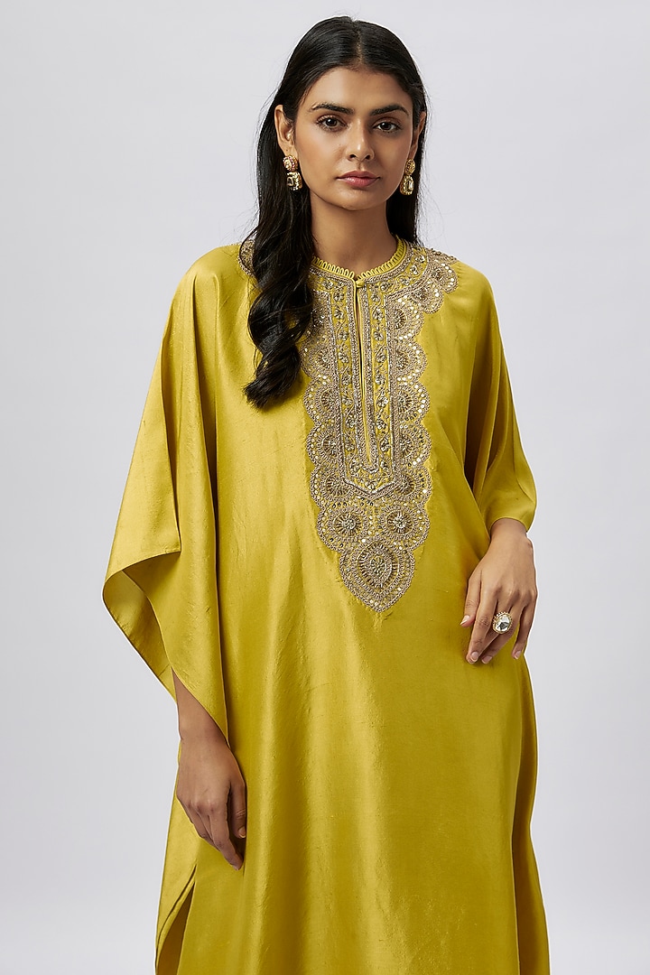 Lime Green Silk Zari Embroidered Kaftan by Jayanti Reddy at Pernia's Pop Up Shop