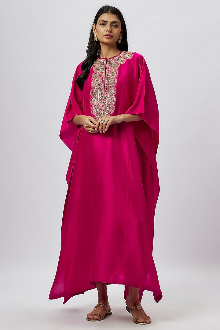 Pink Silk Zari Embroidered Kaftan by Jayanti Reddy
