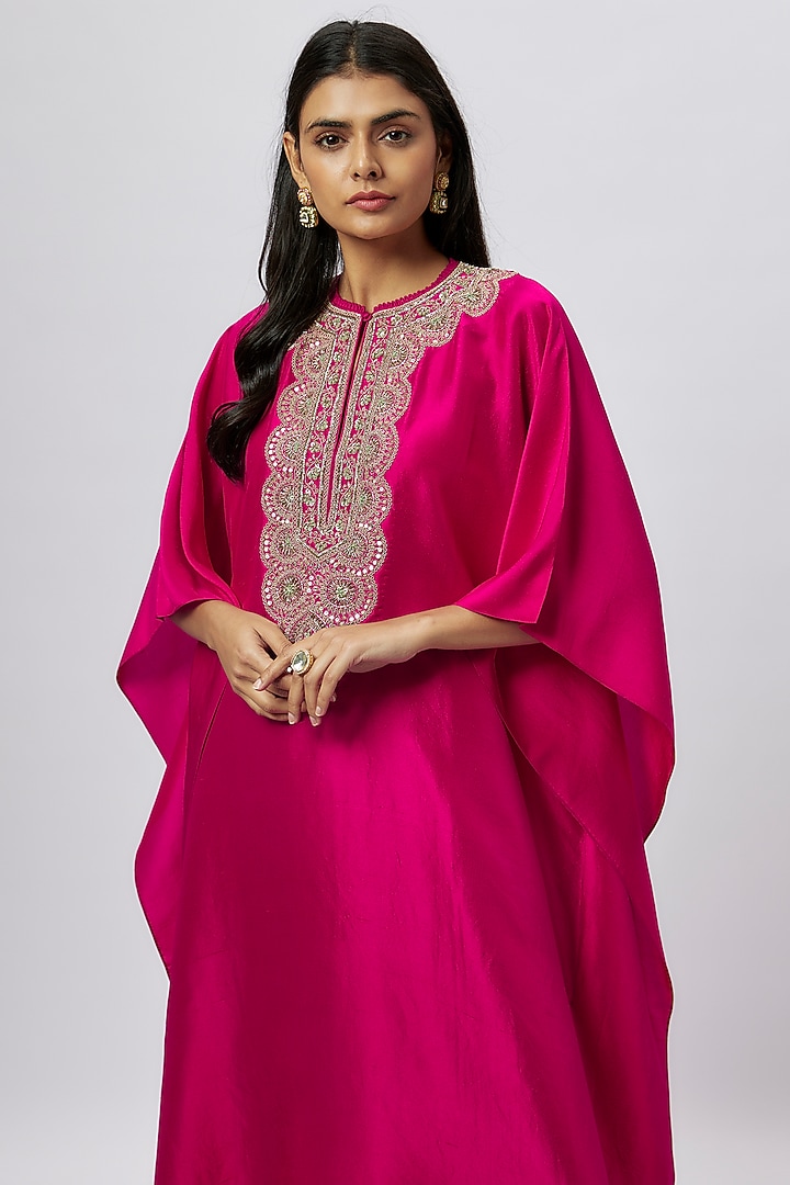 Pink Silk Zari Embroidered Kaftan by Jayanti Reddy at Pernia's Pop Up Shop