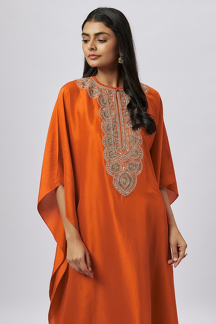 Rust Silk Zari Embroidered Kaftan by Jayanti Reddy at Pernia's Pop Up Shop