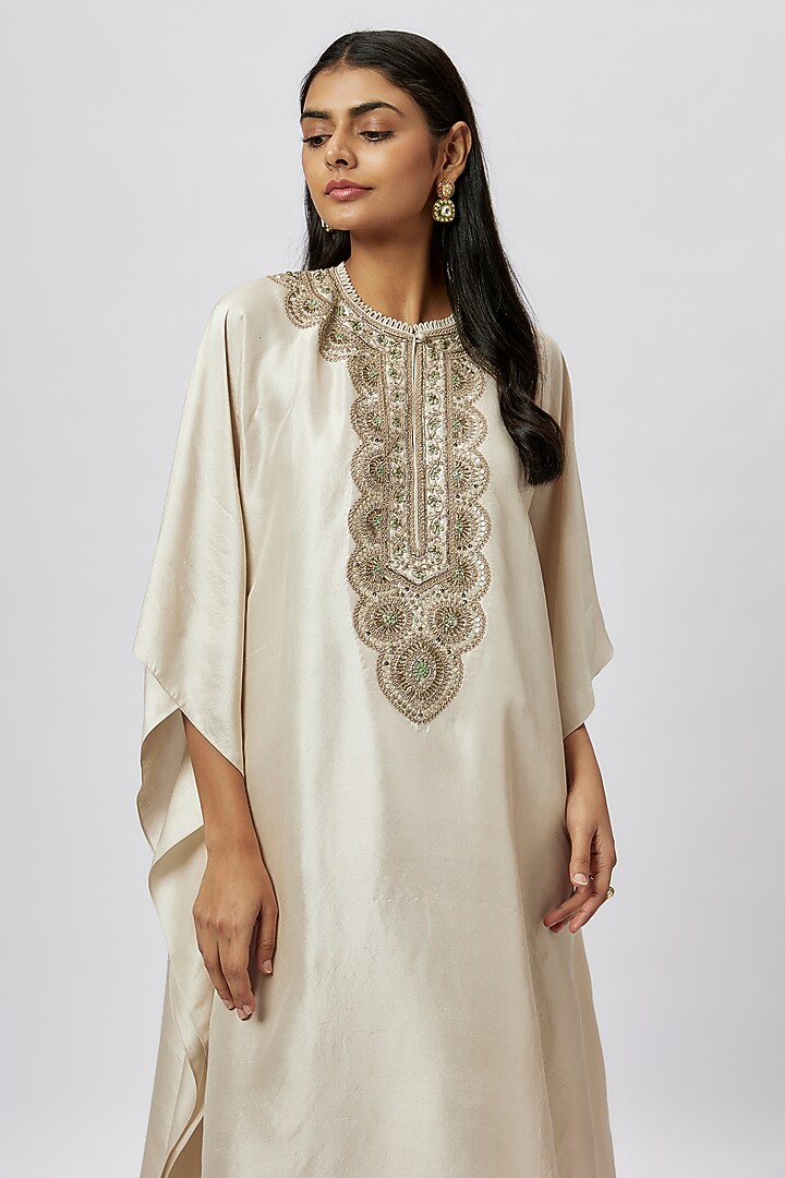 Ivory Silk Zari Embroidered Kaftan by Jayanti Reddy at Pernia's Pop Up Shop
