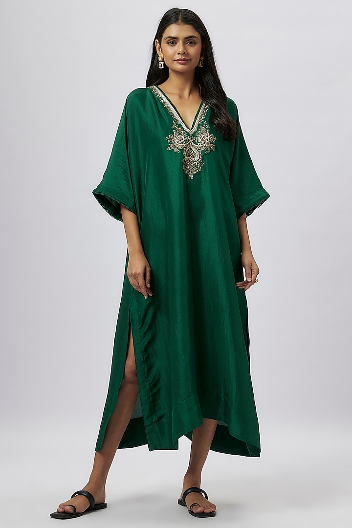 Emerald Green Silk Zari Embroidered Kaftan by Jayanti Reddy