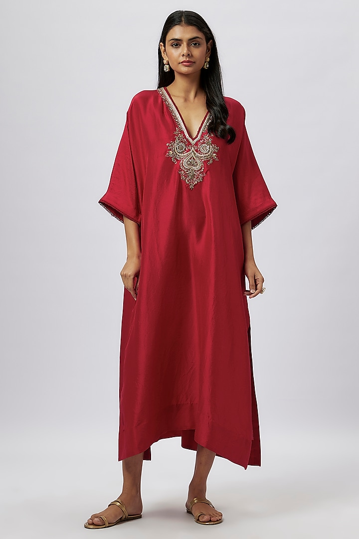 Red Silk Zari Embroidered Kaftan by Jayanti Reddy
