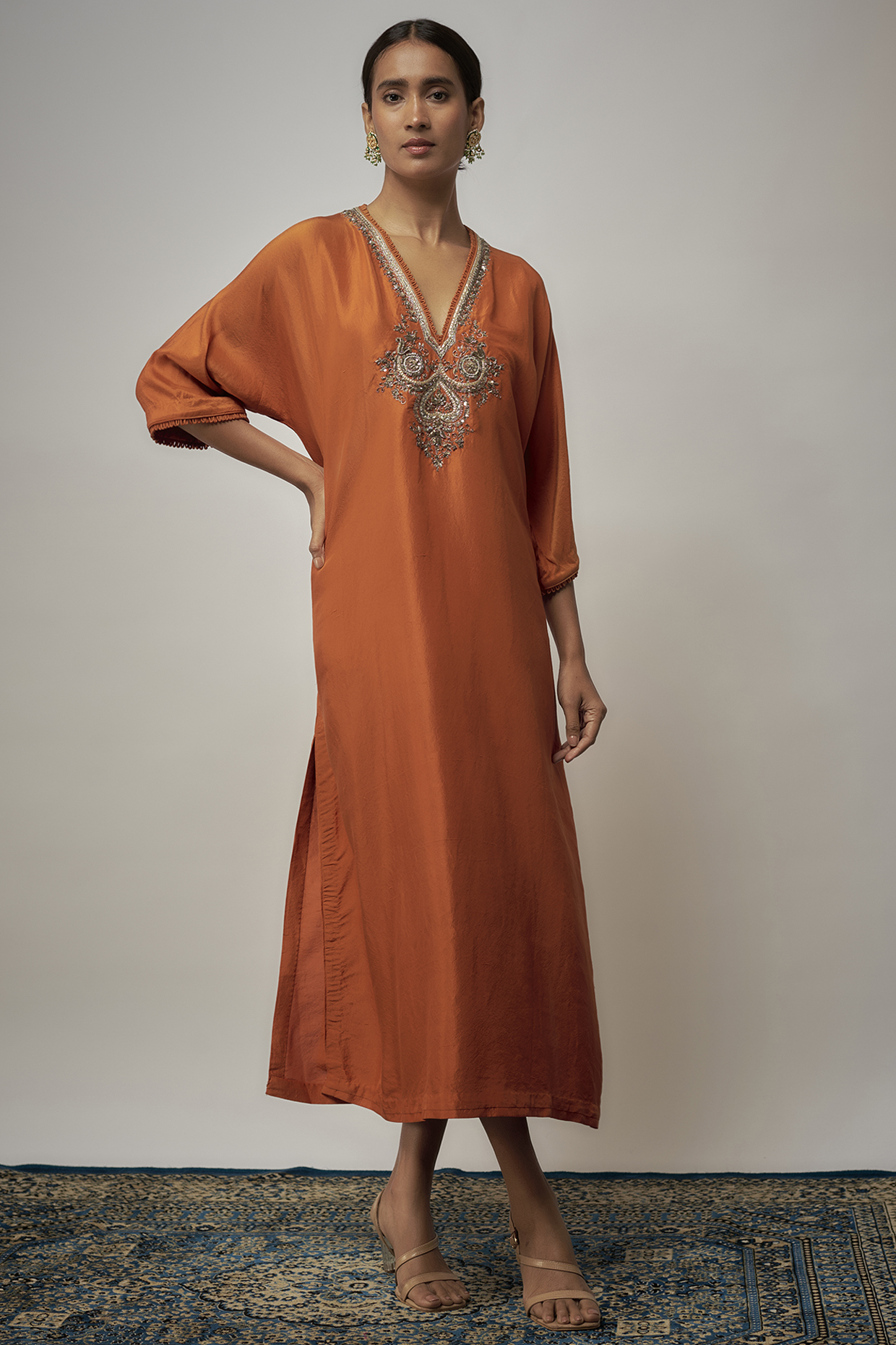 Orange Silk Zardosi Embroidered Kaftan by Jayanti Reddy at Pernia's Pop Up Shop