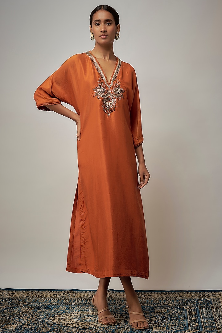 Orange Silk Zardosi Embroidered Kaftan by Jayanti Reddy at Pernia's Pop Up Shop