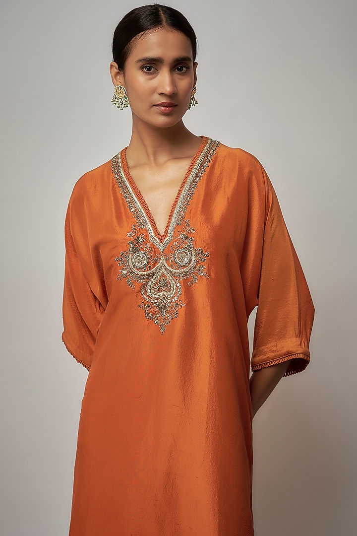Orange Silk Zardosi Embroidered Kaftan by Jayanti Reddy at Pernia's Pop Up Shop