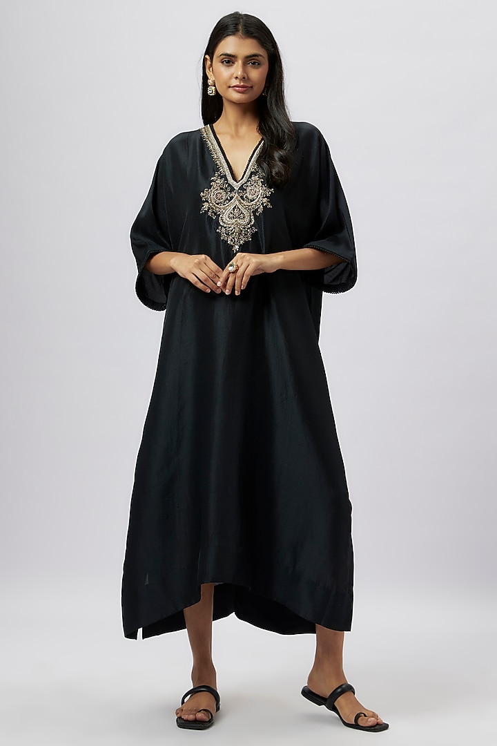 Black Silk Zari Embroidered Kaftan by Jayanti Reddy