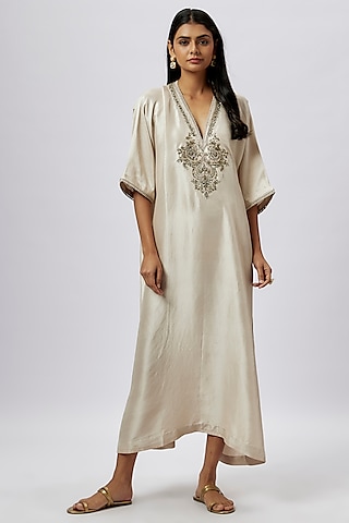 Ivory Silk Zari Embroidered Kaftan by Jayanti Reddy