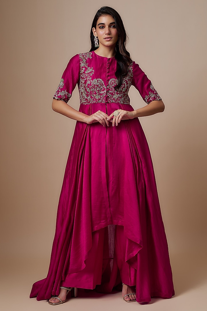 Rani Pink Silk Zari Embroidered Wedding Anarkali Set by Jayanti Reddy at Pernia's Pop Up Shop