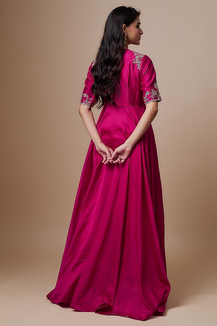 Rani Pink Silk Zari Embroidered Wedding Anarkali Set by Jayanti Reddy at Pernia's Pop Up Shop