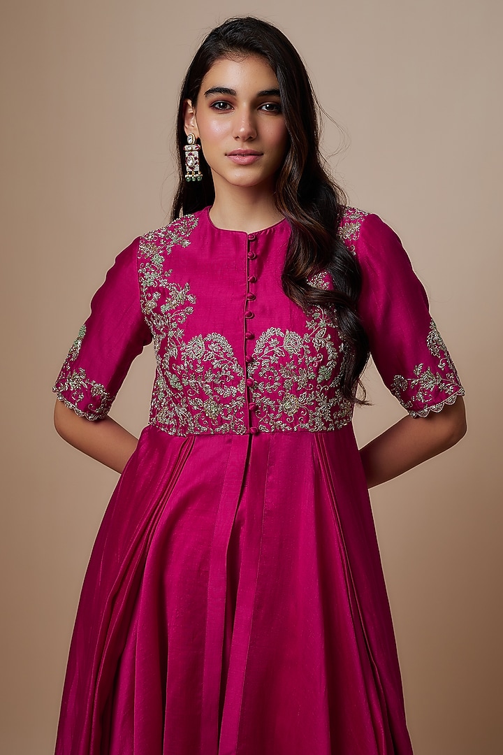 Rani Pink Silk Zari Embroidered Wedding Anarkali Set by Jayanti Reddy at Pernia's Pop Up Shop