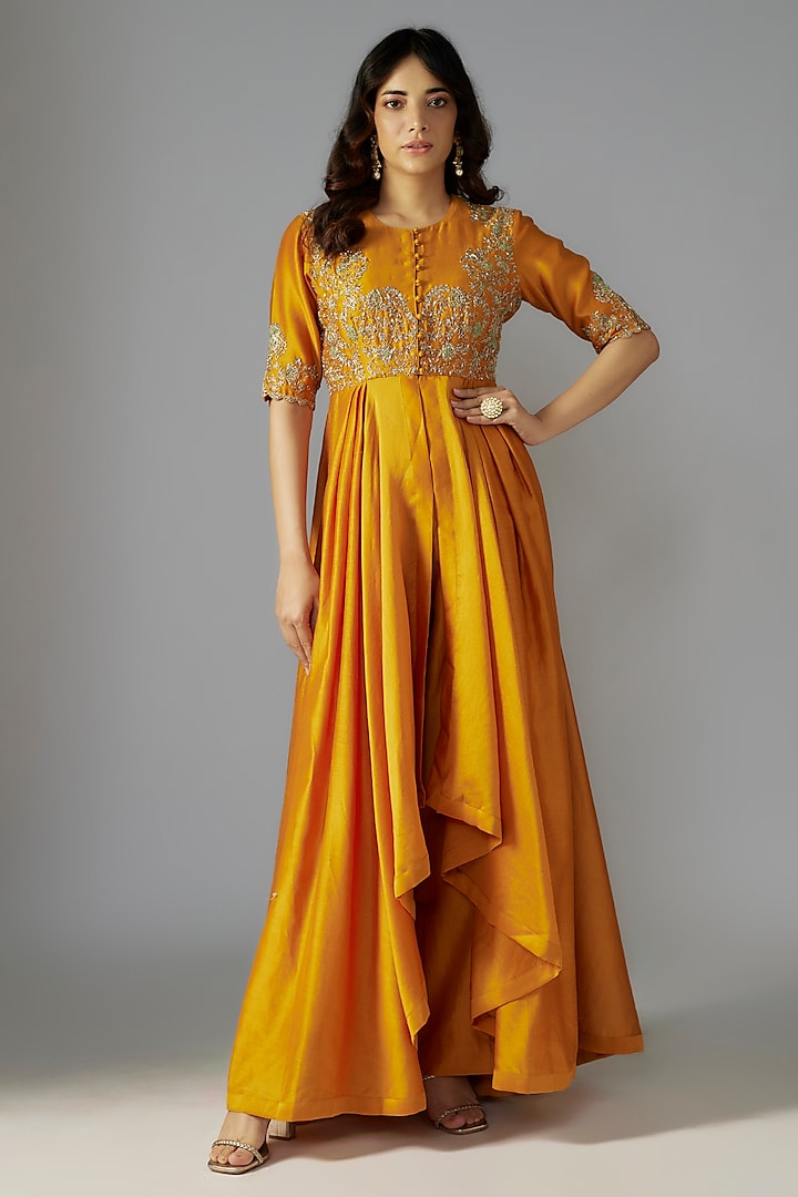 Mango Yellow Silk Zari Embroidered Anarkali Set by Jayanti Reddy