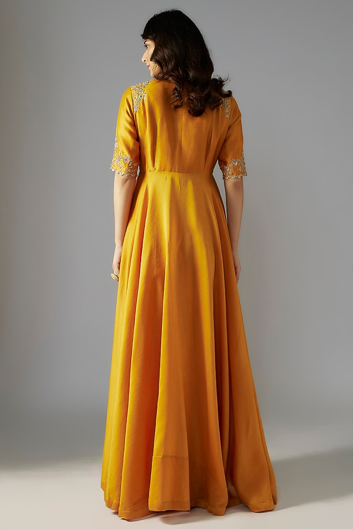 Mango Yellow Silk Zari Embroidered Wedding Anarkali Set by Jayanti Reddy at Pernia's Pop Up Shop
