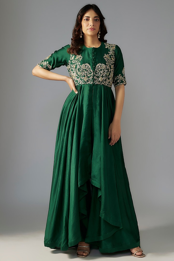 Emerald Green Silk Zari Embroidered Anarkali Set by Jayanti Reddy