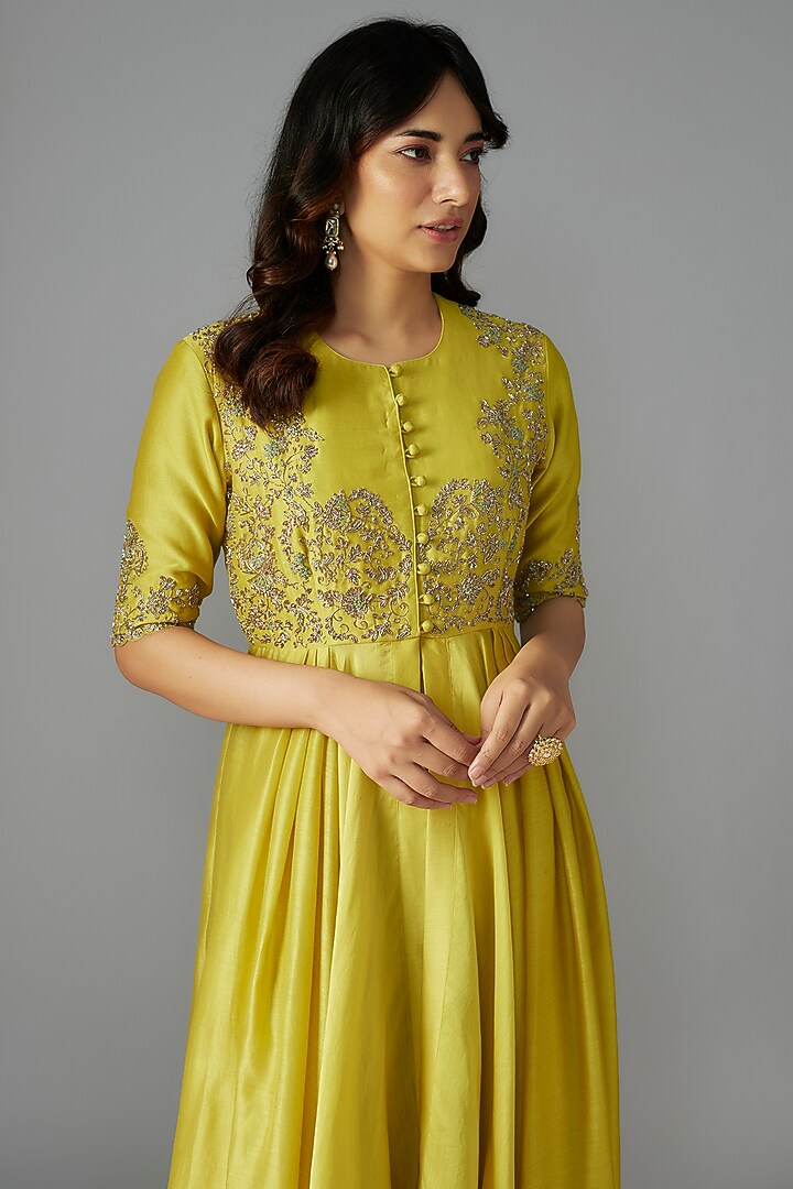 Lime Green Silk Zari Embroidered Wedding Anarkali Set by Jayanti Reddy at Pernia's Pop Up Shop